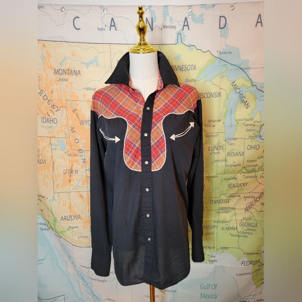 Vintage Black & Plaid Western Men's Shirt Rodeo  Cowboy